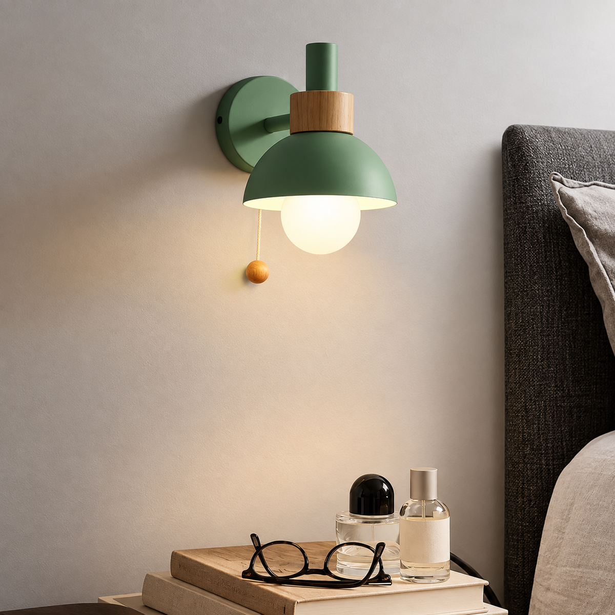 Nordic Glow Wood & Metal Wall Sconce with Pull Cord