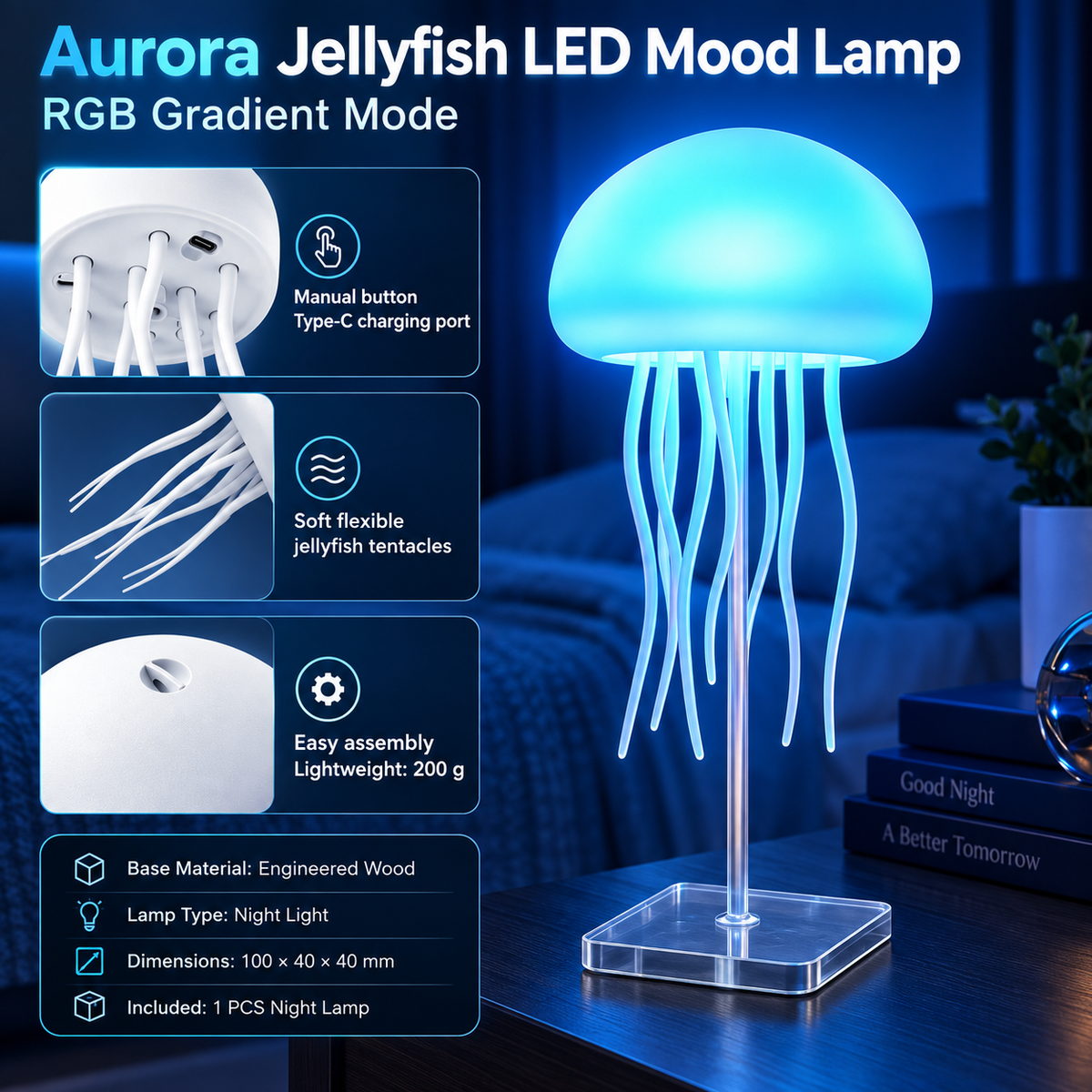 Aurora Jellyfish LED Mood Lamp – Color Changing Night Light