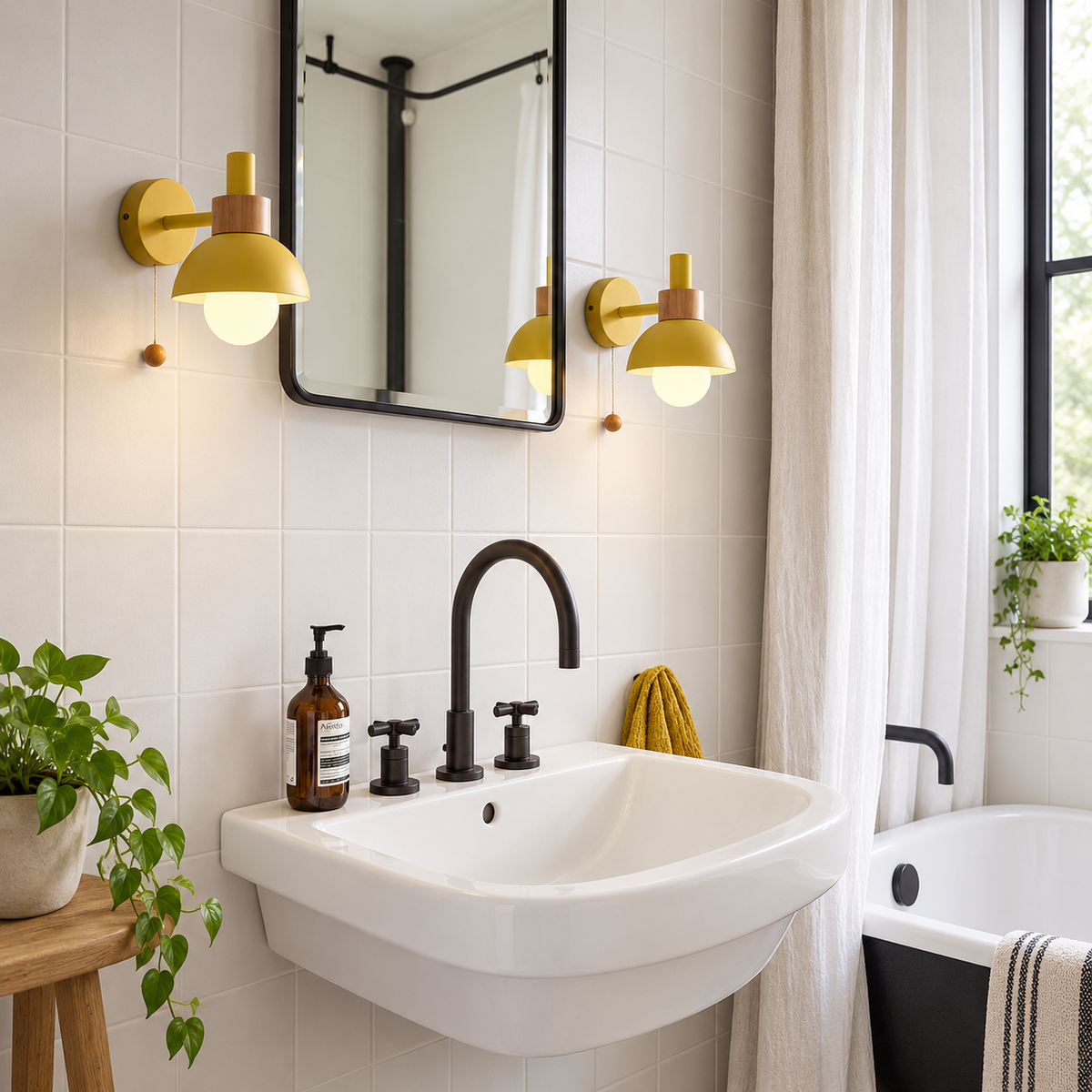 Nordic Glow Wood & Metal Wall Sconce with Pull Cord