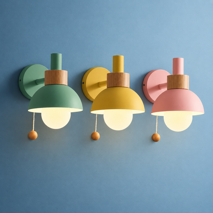 Nordic Glow Wood & Metal Wall Sconce with Pull Cord