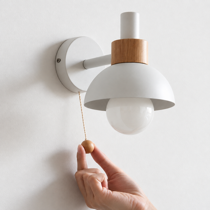 Nordic Glow Wood & Metal Wall Sconce with Pull Cord